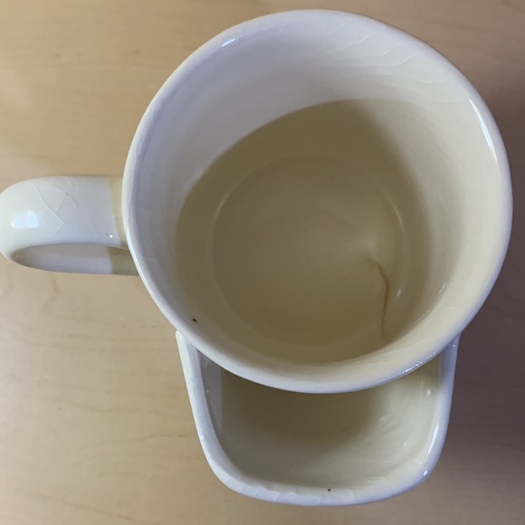 Stoneware Teacup Mug with Attached Tea Bag Holder White Blue Outline 8oz Vintage - Picture 5 of 7
